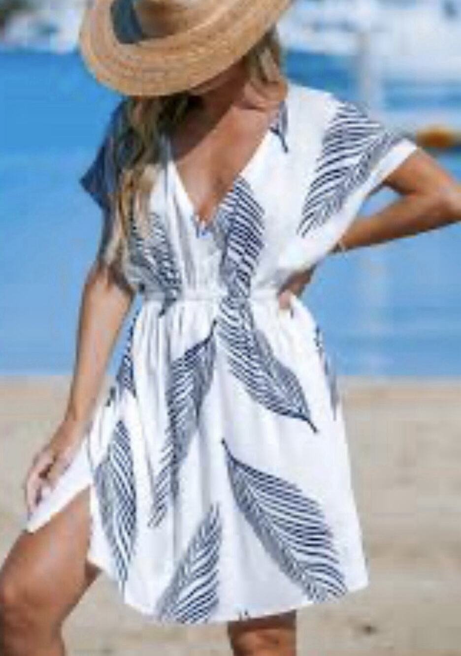 Cupshe Women's Navy & White Leaf-Dolman Sleeve Mini Cover-Up Elastic Waist M